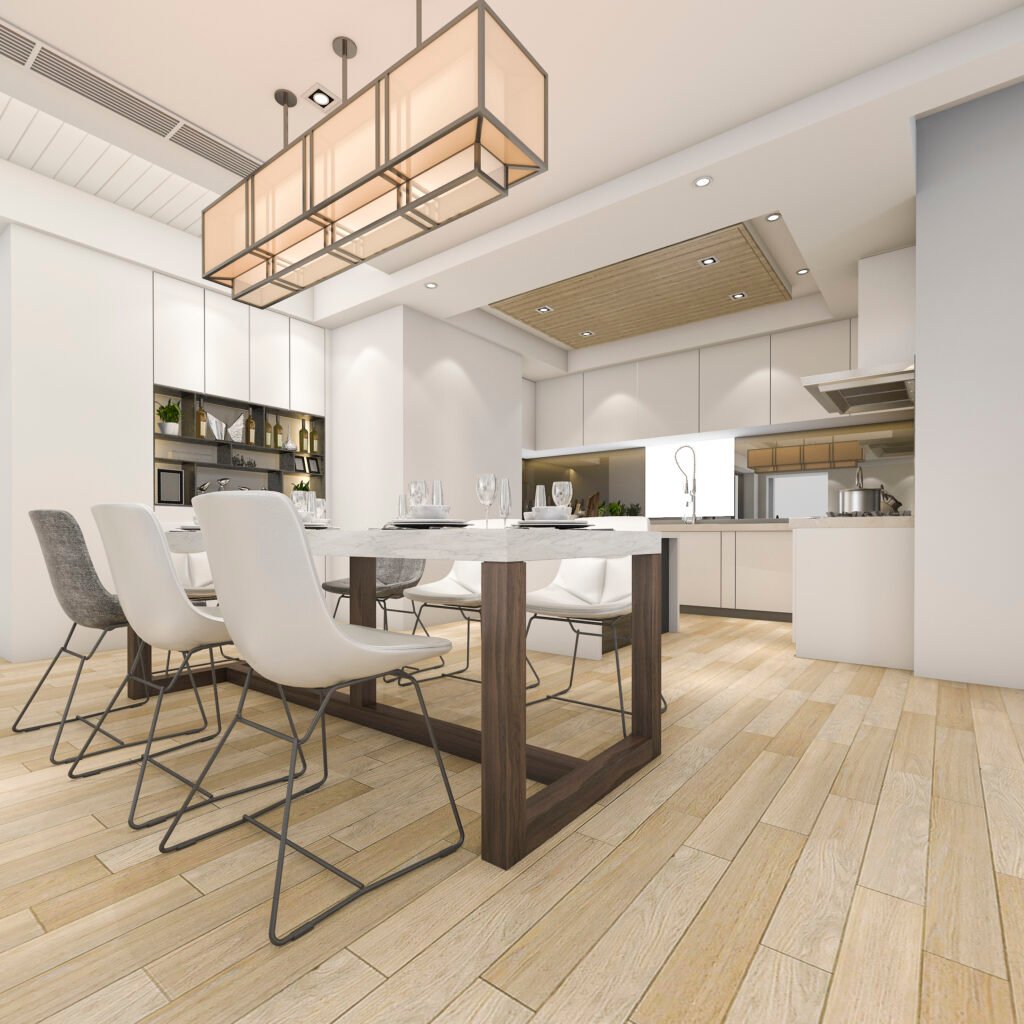 representacion 3d hermosa cocina blanca moderna y comedor representacion 3d hermosa cocina blanca moderna y comedor